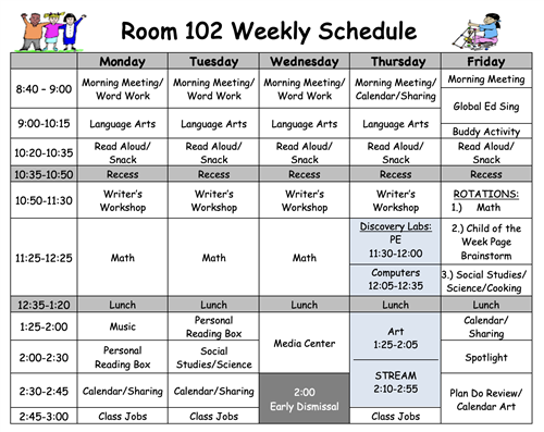 Room 102 Weekly schedule
